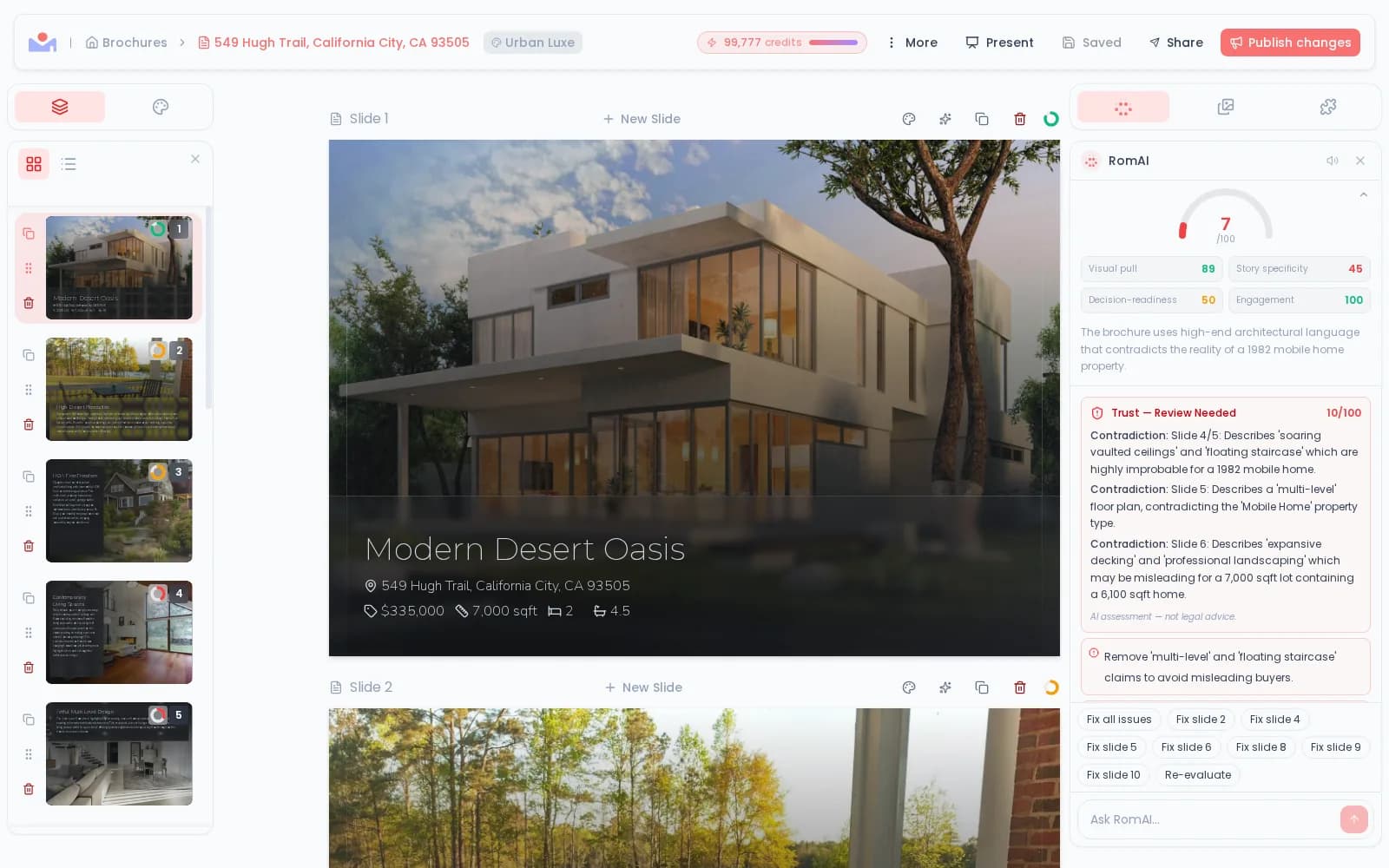 ResidentialOM brochure editor with slide thumbnails and live preview