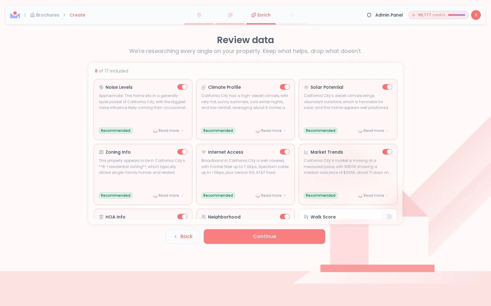 Enrichment review step with research cards and AI recommendations