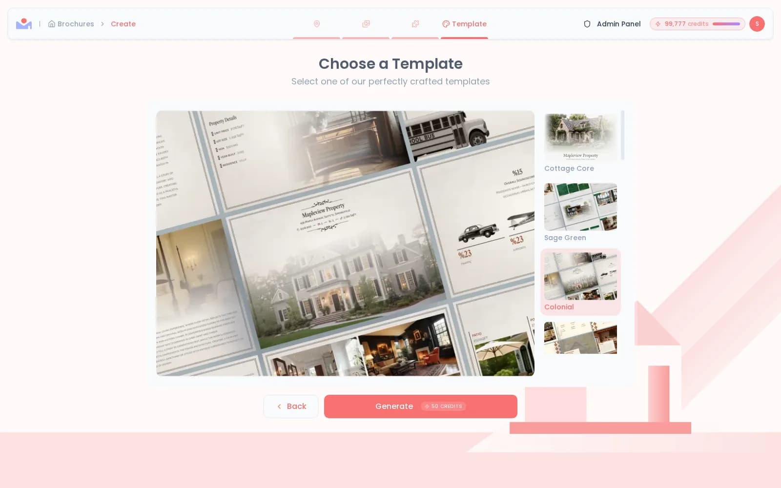Template picker with brochure template previews